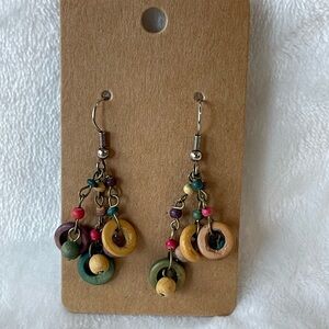 Vintage Boho 70s dangle earrings, colorful wooden